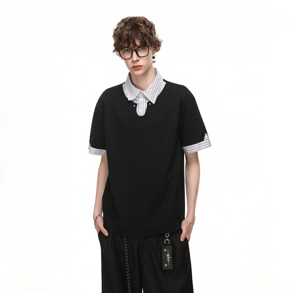 Fake two striped contrasting polo shirts short sleeved men's and women's 2026 summer cleanfit loose casual collar T-shirt