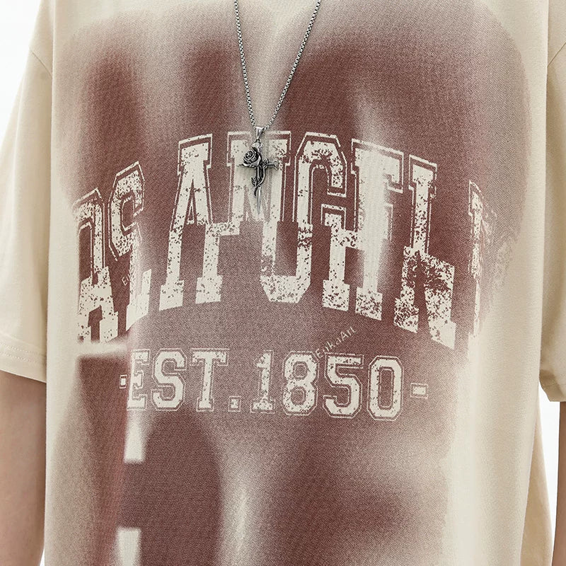 Trendy block American retro letter printed short sleeved T-shirt, loose and versatile pure cotton top, youthful and trendy style