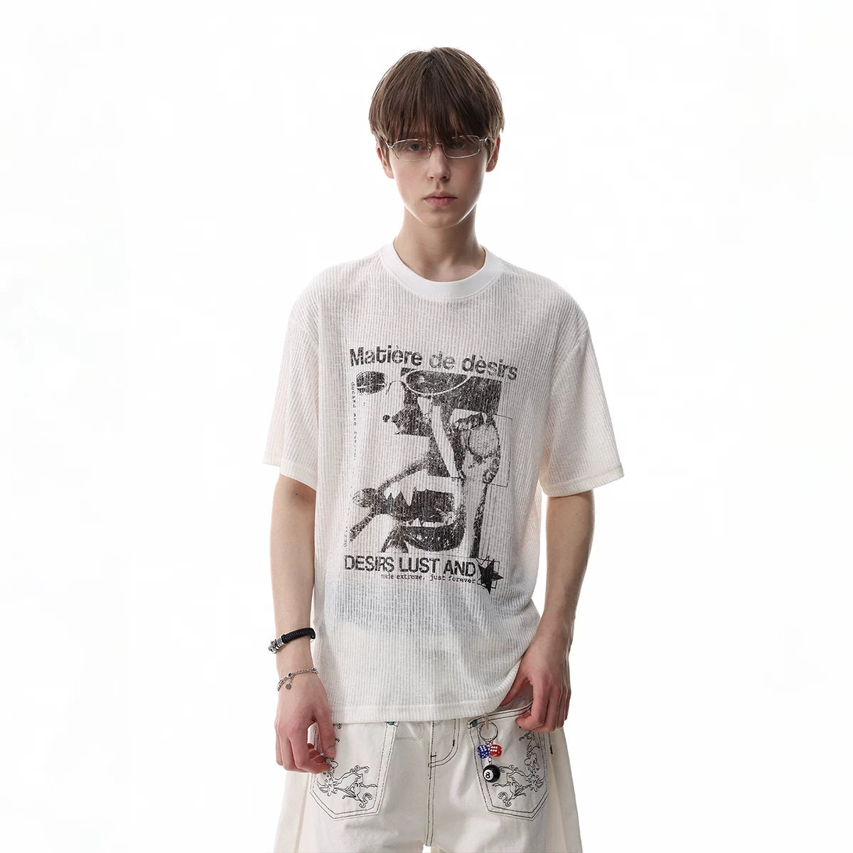 American retro texture figure print short sleeved T-shirt for men's summer round neck breathable semi transparent knitted top trendy