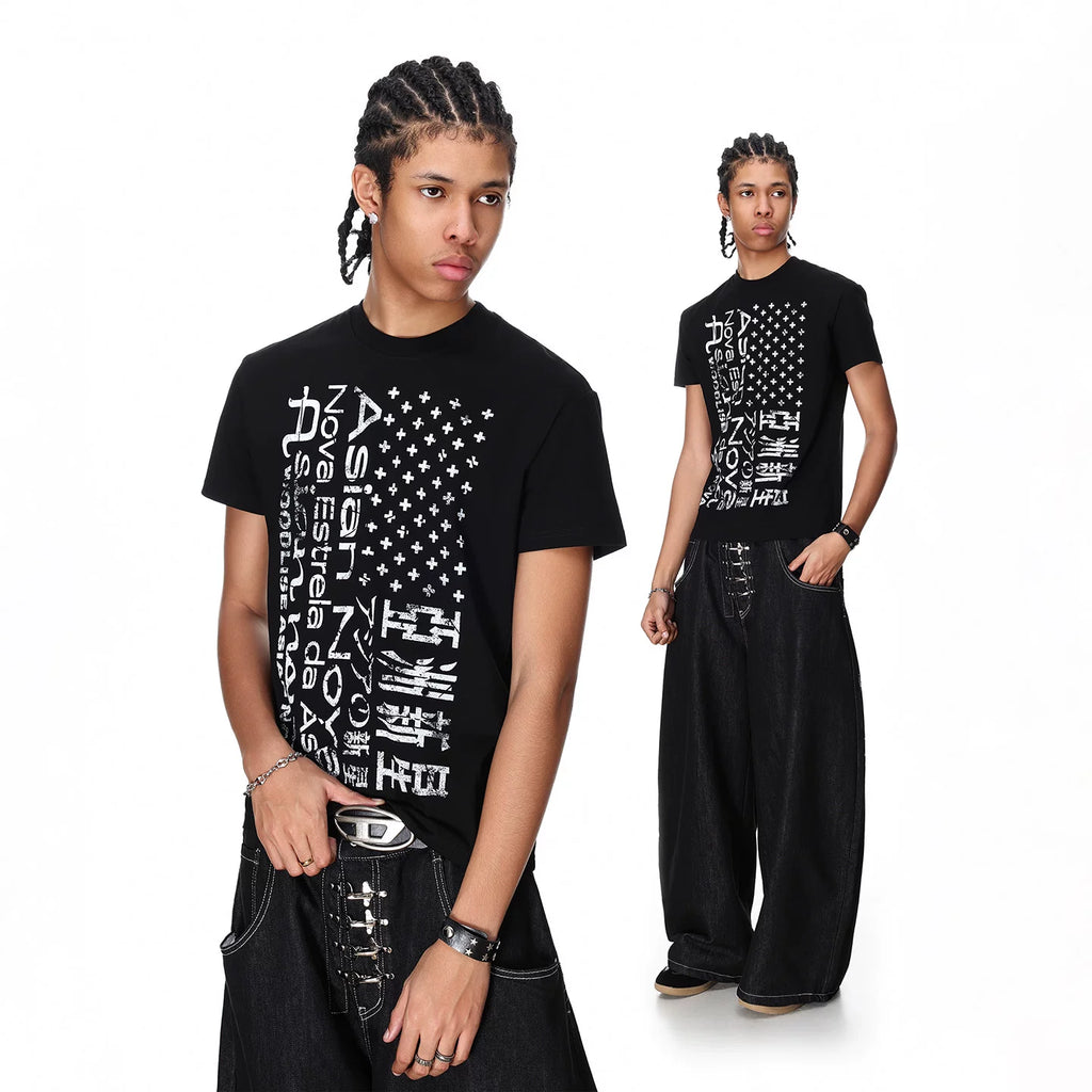Visual style shoulder boxy style light Asian style short sleeved T-shirt for couples in summer printed short half sleeved T-shirt