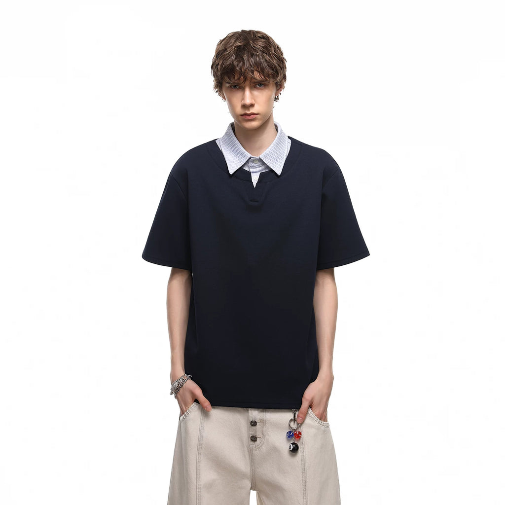 Trendy block summer miu department college style polo shirt short sleeved loose casual top for couples, fake two piece T-shirt
