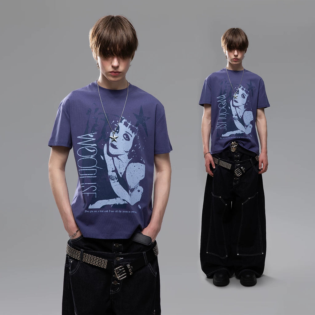 TREND ST Street Light Asian Punk Character Printed Short sleeved T-shirt for Men and Women Summer Boxy Shoulder Couple Top