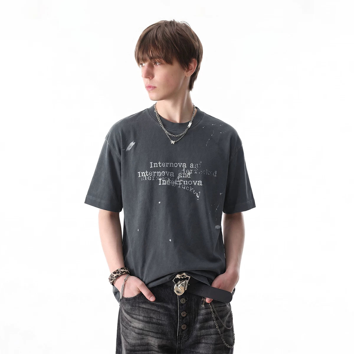 TREND ST Retro Washed Vintage T-shirt for Boys Summer Street Hip Hop Graffiti Printed Loose Short Sleeves