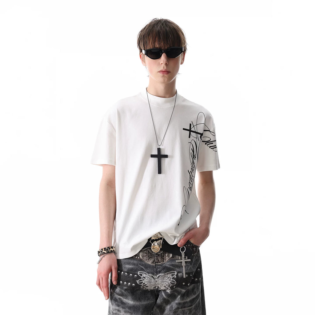 TREND ST Street Cross Shoulder Half High Neck Short Sleeve T-shirt for Men Summer Boxy Version, Slim Fit and Elastic TEE