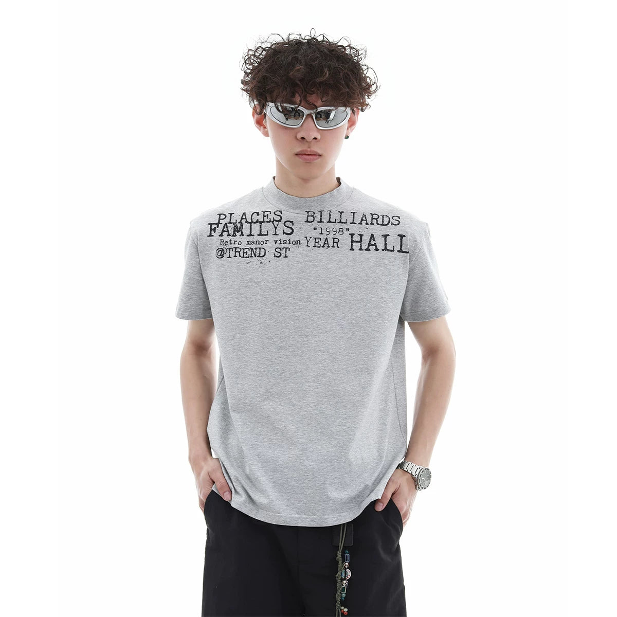 Summer niche letter printed high round neck casual short sleeved shirt for men and women, American style short cut, slim fit, elastic shoulder T-shirt trendy