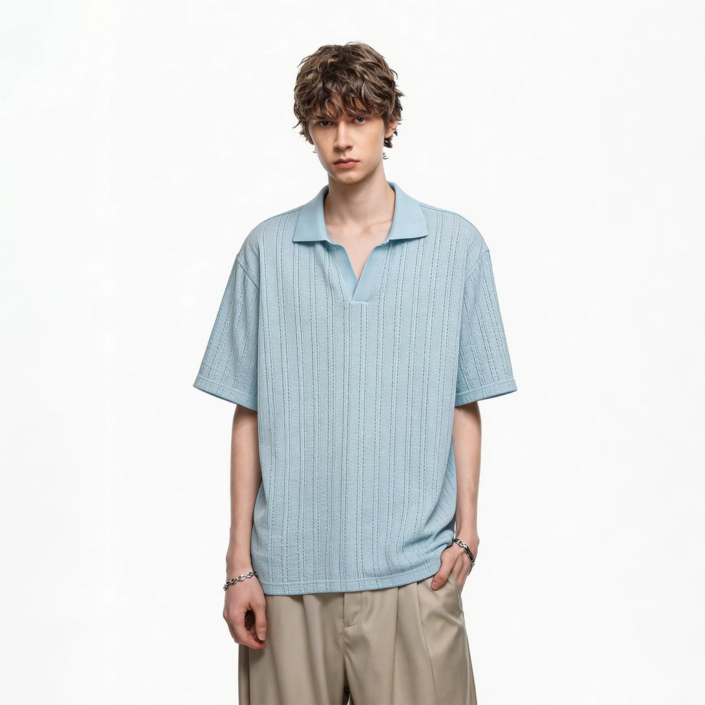 [Old Money Style Jacquard Texture] Trendy Block Summer Loose Knitted Collar Polo Shirt Short Sleeve Men's Casual T-shirt