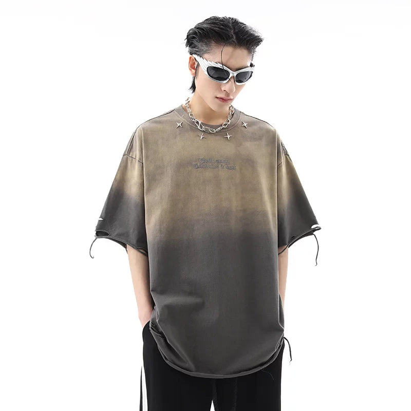Street trendy brand niche wasteland style ripped hole short sleeved t-shirt for men's summer American retro vintage vintage gradient couple top