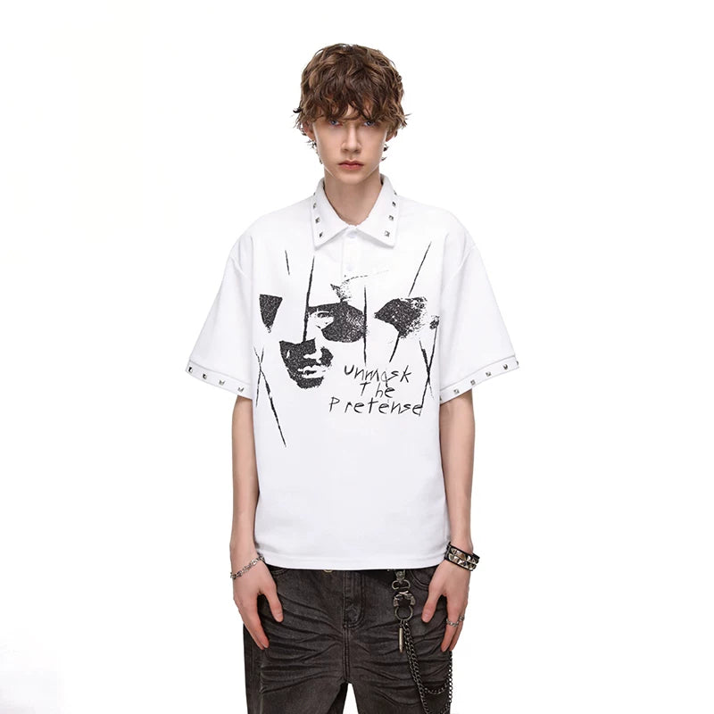 Original Design Light Asian Punk Character Printed Polo Shirt Short Sleeve Men's Summer Retro Loose Rivet Collar T-shirt
