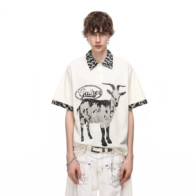 Trendy block American retro leopard print patchwork lapel T-shirt short sleeved men's summer loose goat print polo shirt