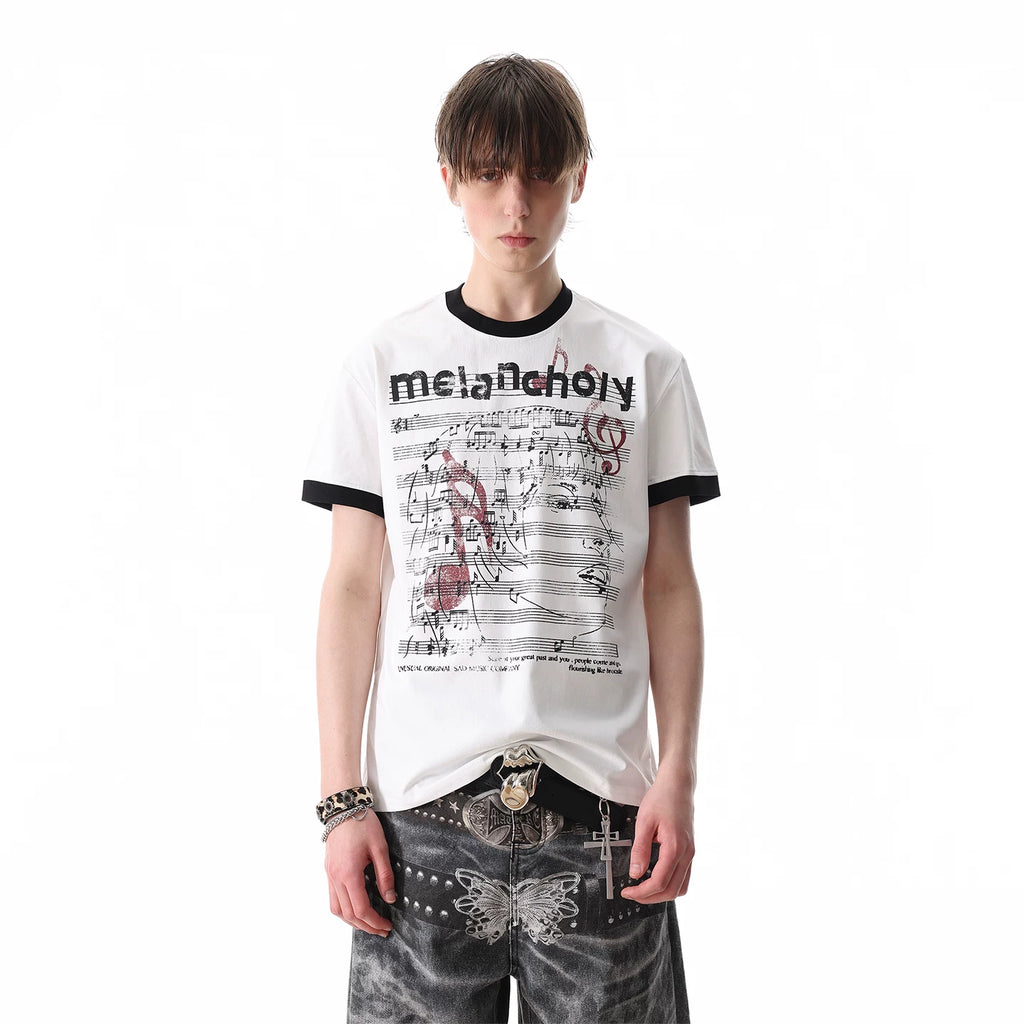TREDN ST Original Street Note Score Printed Solona T-shirt Men's Summer Boxy Short Shoulder Short Sleeve