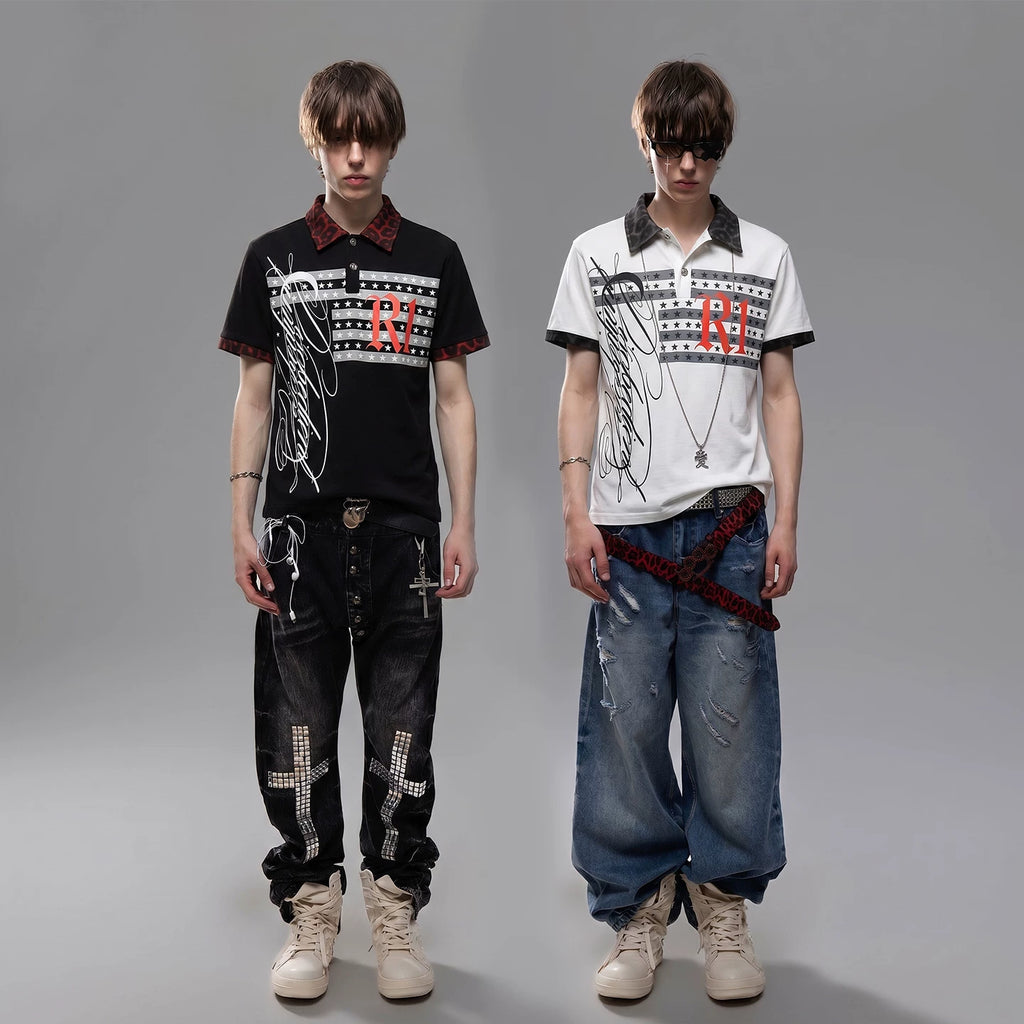 TREND ST Street Punk Printed Shoulder Short sleeved T-shirt for Men's Summer Leopard Pattern Splicing Boxy Short Polo Shirt