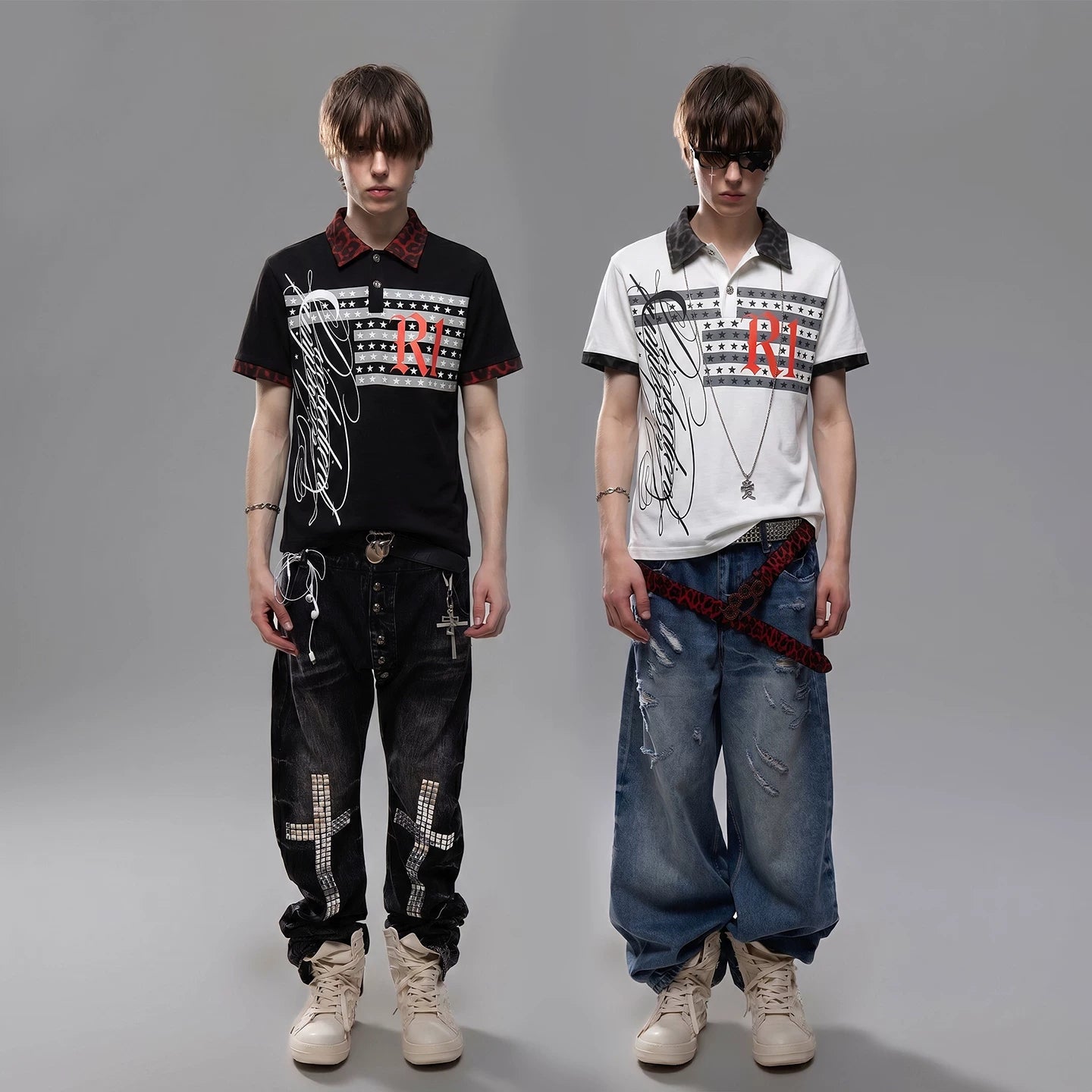TREND ST Street Punk Printed Shoulder Short sleeved T-shirt for Men's Summer Leopard Pattern Splicing Boxy Short Polo Shirt
