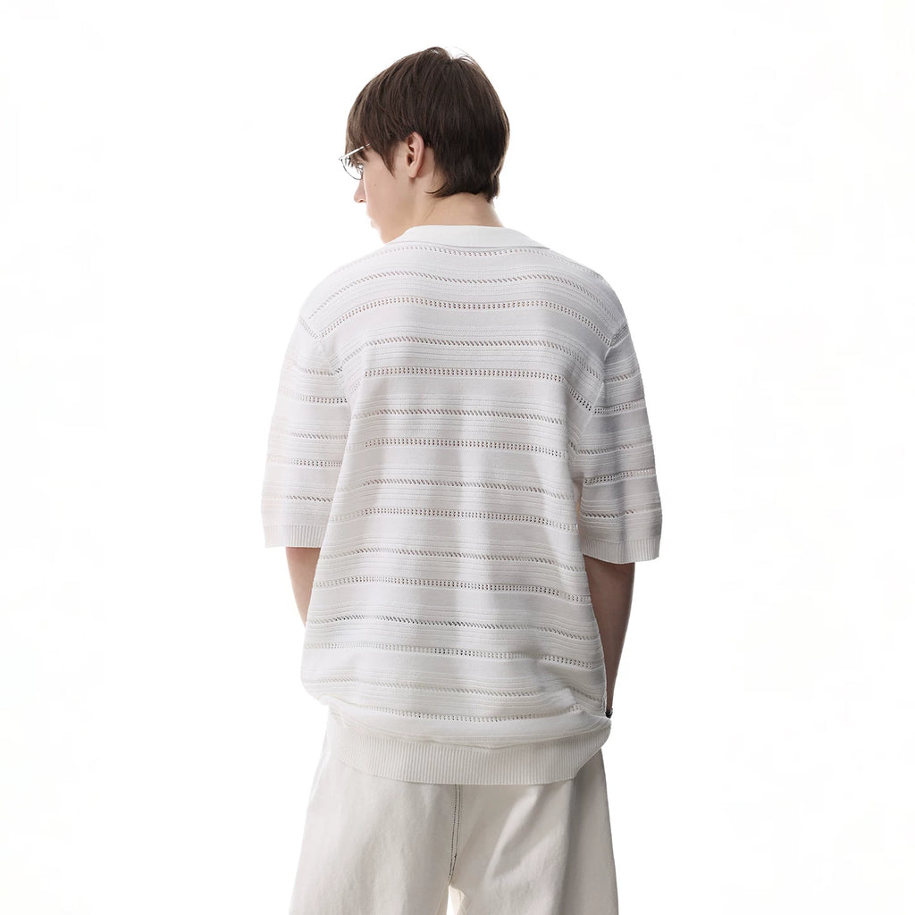 Trendy block light luxury old money style hollow striped knitted polo shirt short sleeved men's summer loose couple half sleeved T-shirt