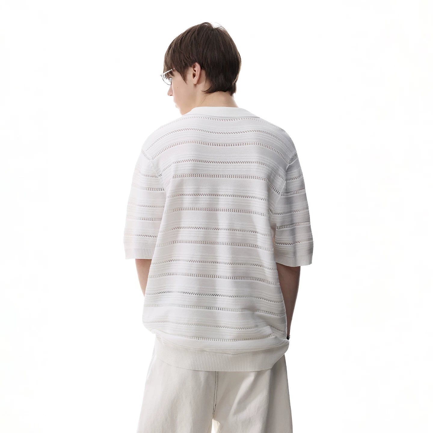 Trendy block light luxury old money style hollow striped knitted polo shirt short sleeved men's summer loose couple half sleeved T-shirt