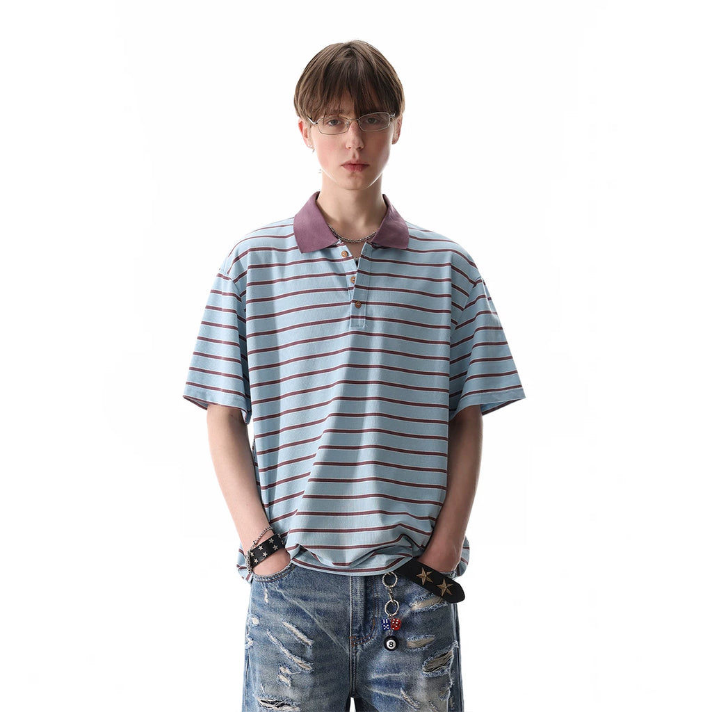 TREND ST retro contrasting striped polo shirt short sleeved men's summer 2026 new loose casual collar T-shirt