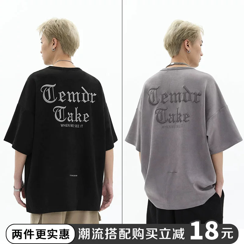 American retro heavy embroidery loose oversized short sleeved t-shirt men's summer trendy brand suede couple top