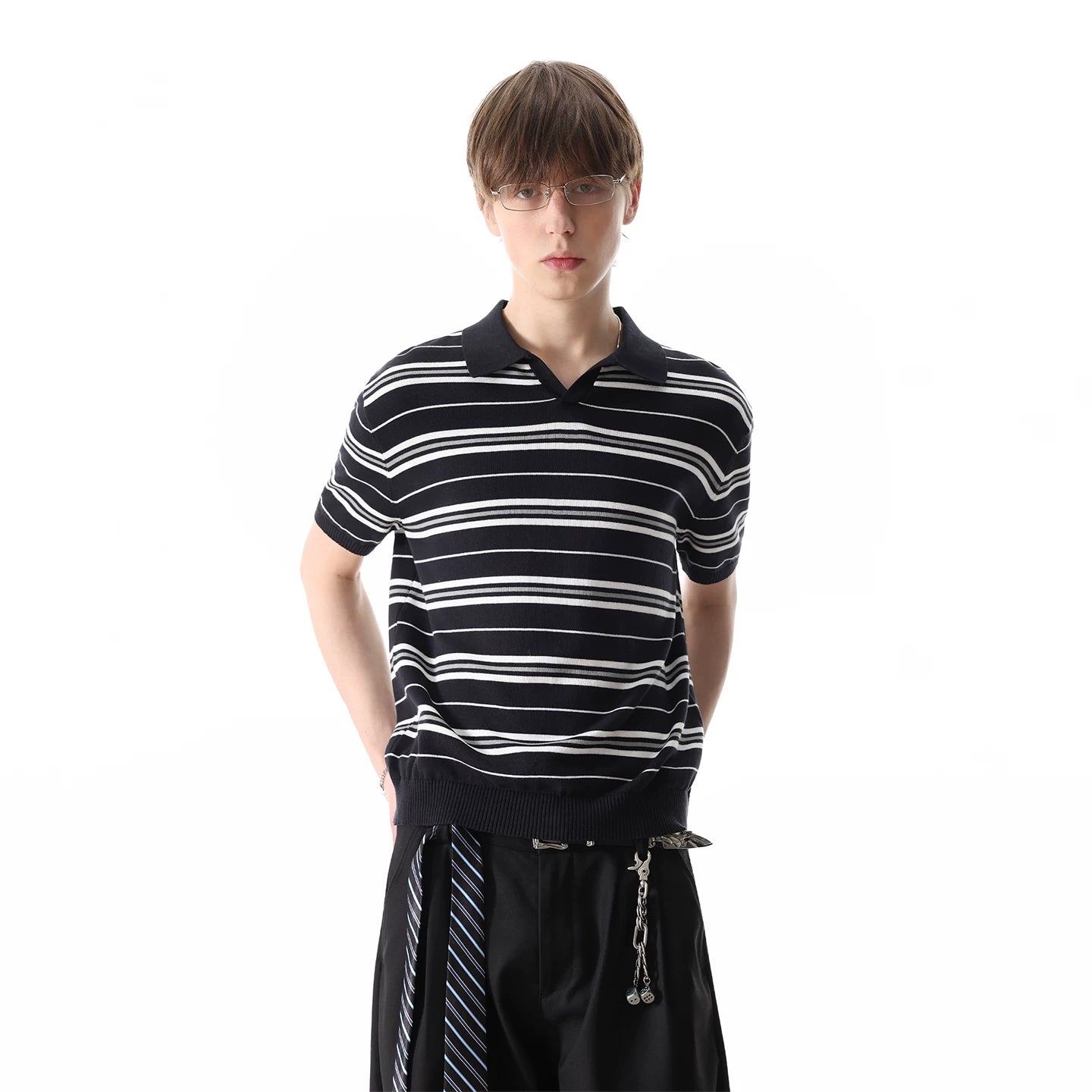 [Old Money Style Knitted] TREND ST Striped Polo Collar Short Sleeve Men's Trendy American Retro Summer Collar Top