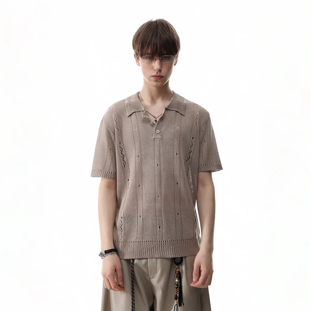 TREND ST old money style clean fit short knitted polo shirt men's summer hollow breathable short sleeved T-shirt