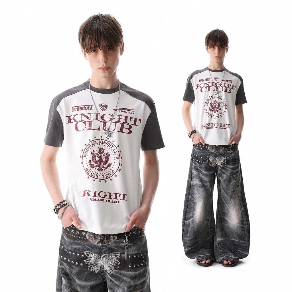 TREND ST subculture visual style contrasting T-shirt with men's and women's letter print shoulder short sleeved boxy cut top