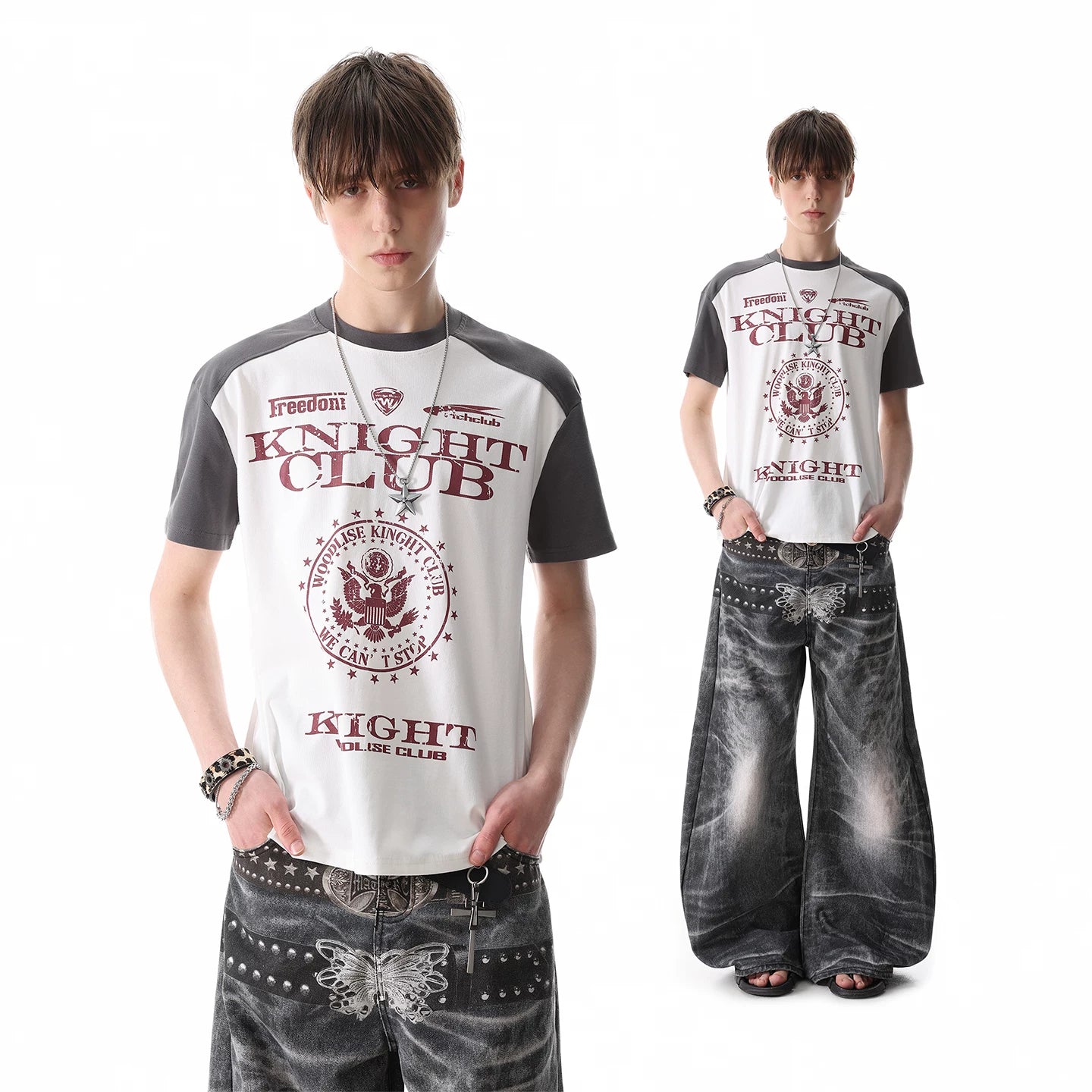 TREND ST subculture visual style contrasting T-shirt with men's and women's letter print shoulder short sleeved boxy cut top