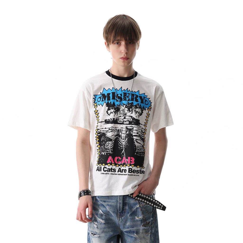 Thin and Cool TREND ST Street Punk Printed Shoulder Short sleeved T-shirt for Men and Women Summer Boxy T-shirt