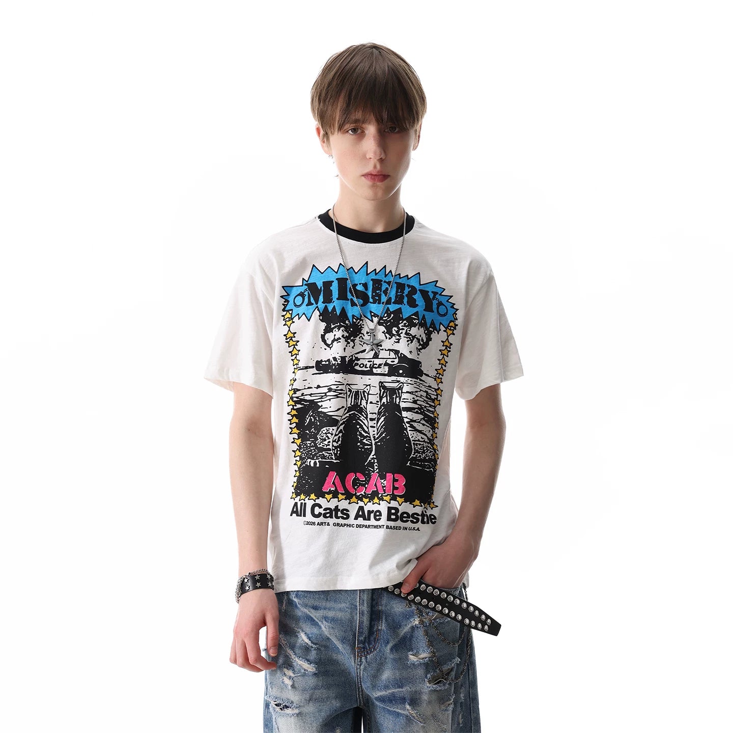 Thin and Cool TREND ST Street Punk Printed Shoulder Short sleeved T-shirt for Men and Women Summer Boxy T-shirt