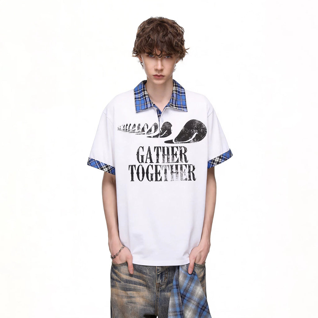 Trendy Street American Retro Checkered Collar T-shirt Men's Summer Loose Design Printed Polo Shirt Short Sleeve