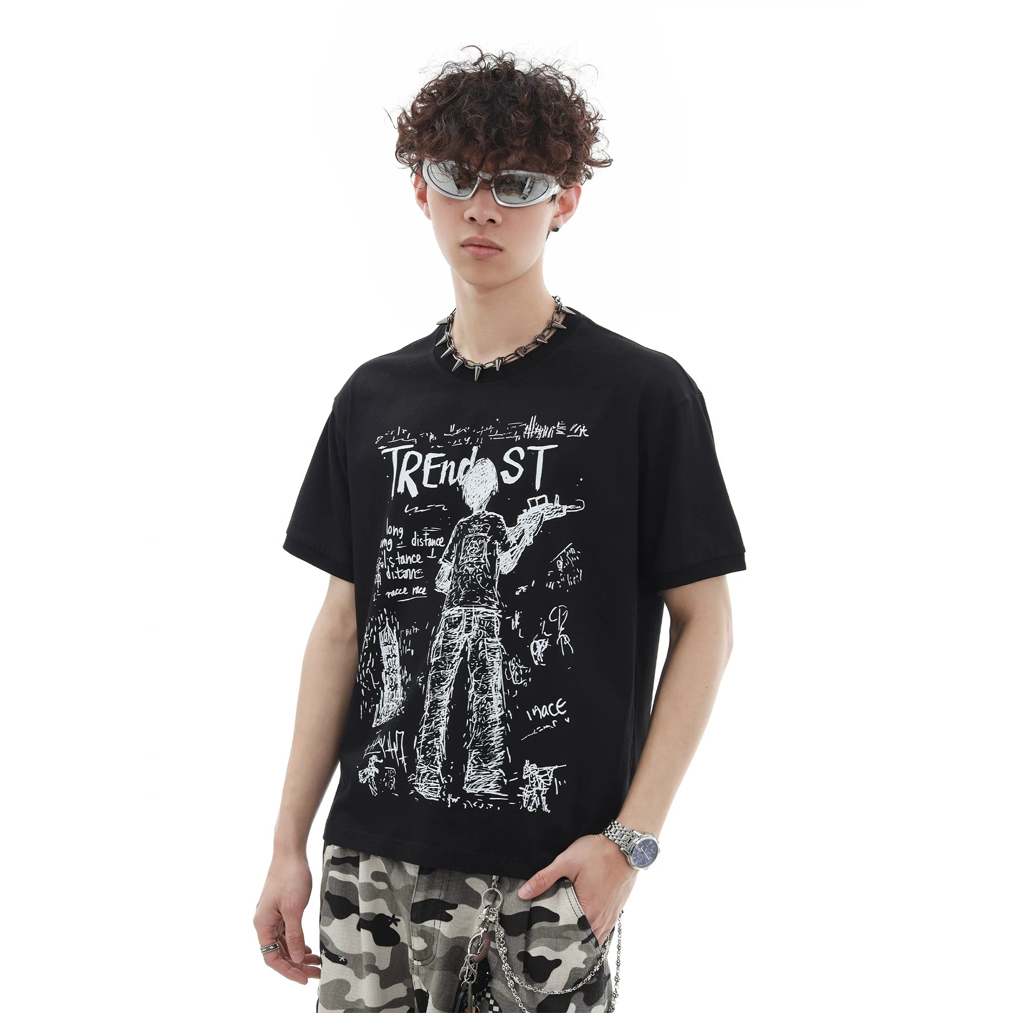 TREND ST War Short Sleeve Loose Short Width Boxy Edition Direct Spray Printed Summer Cool Breathable Micro Transparent T-shirt