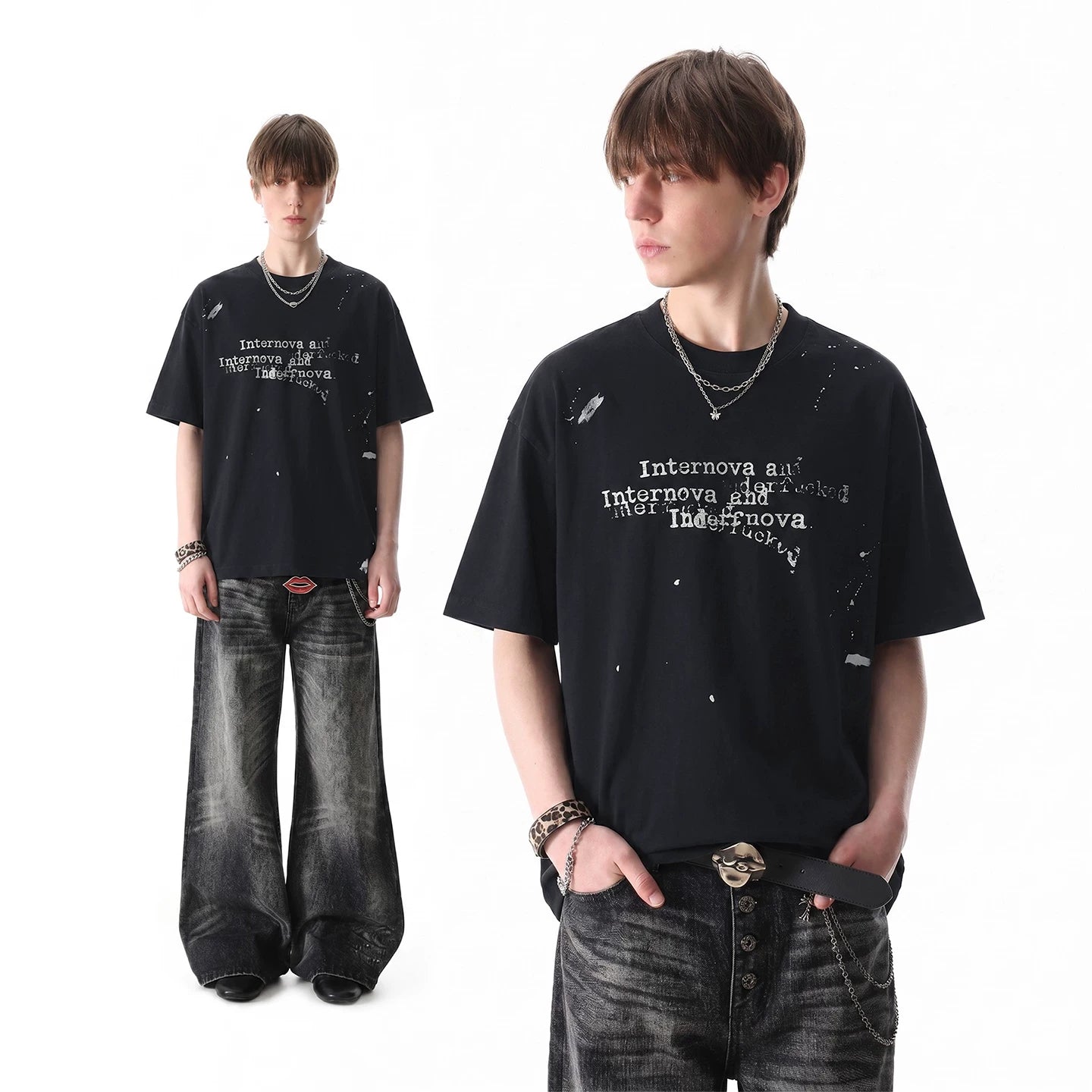 TREND ST Retro Washed Vintage T-shirt for Boys Summer Street Hip Hop Graffiti Printed Loose Short Sleeves