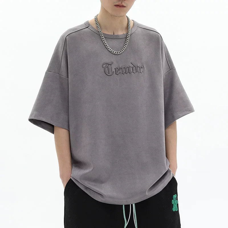 American retro heavy embroidery loose oversized short sleeved t-shirt men's summer trendy brand suede couple top