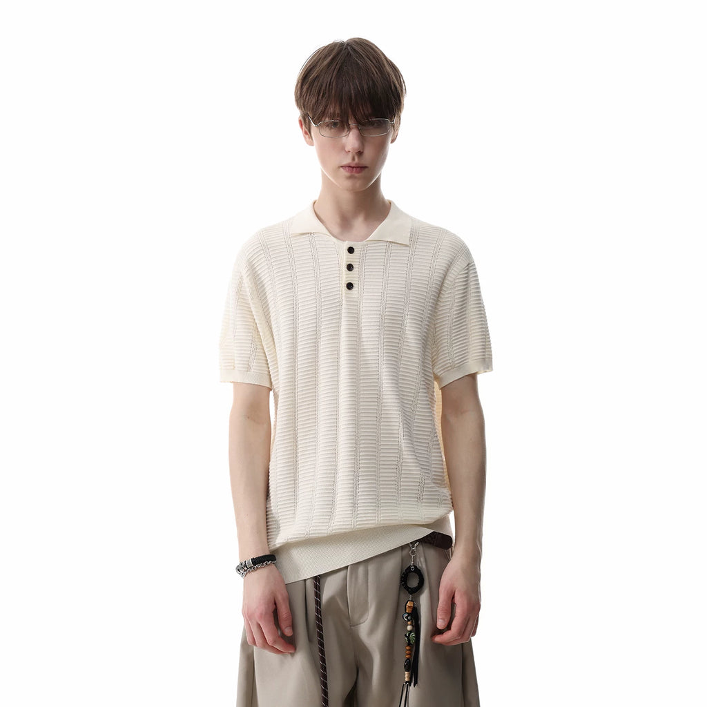 TREND ST old money style pit stripe texture knitted short sleeved polo shirt for men's summer retro short wide lapel T-shirt