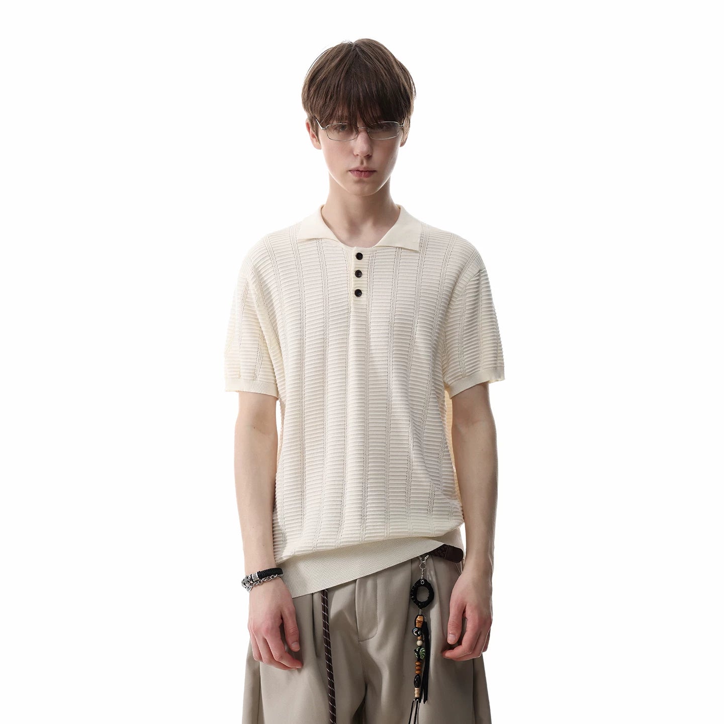TREND ST old money style pit stripe texture knitted short sleeved polo shirt for men's summer retro short wide lapel T-shirt