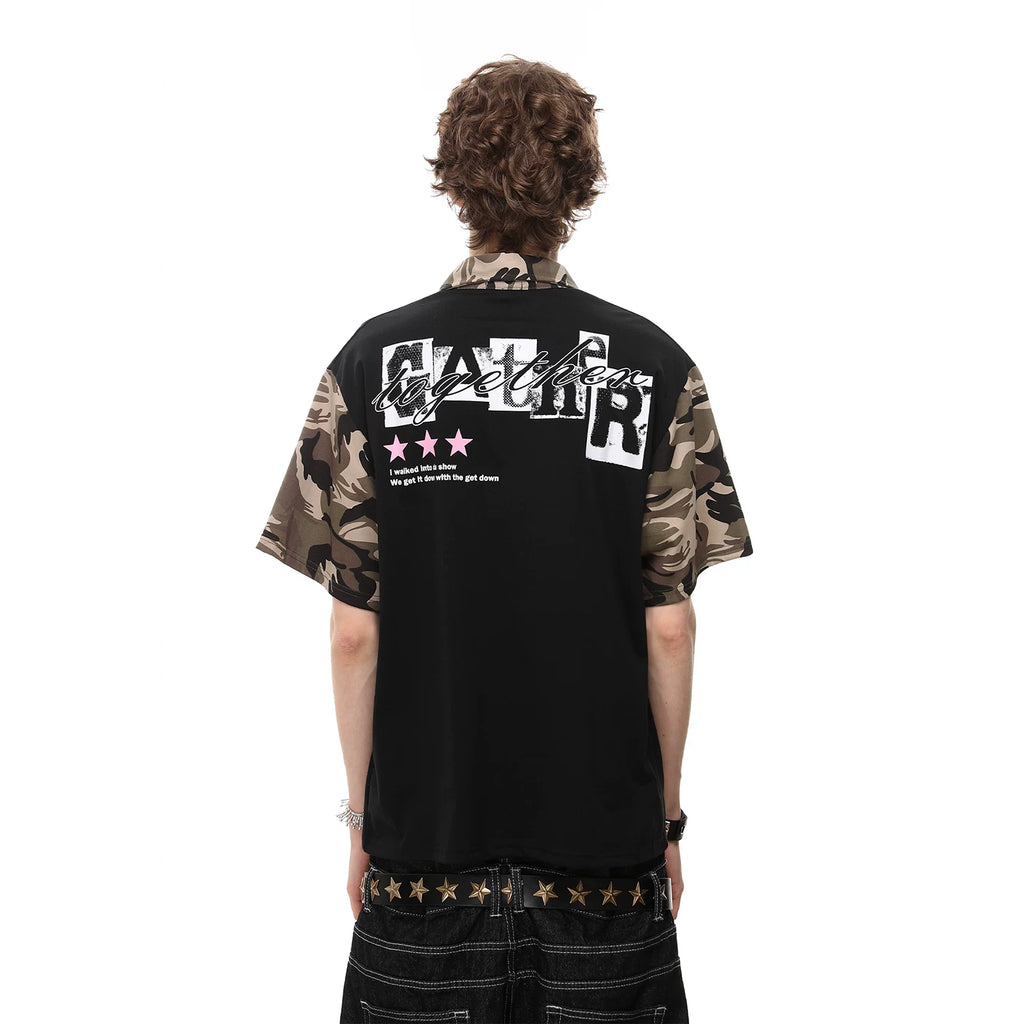 Vintage American style trendy camouflage patchwork short sleeved T-shirt for men, summer loose casual couple polo shirt top