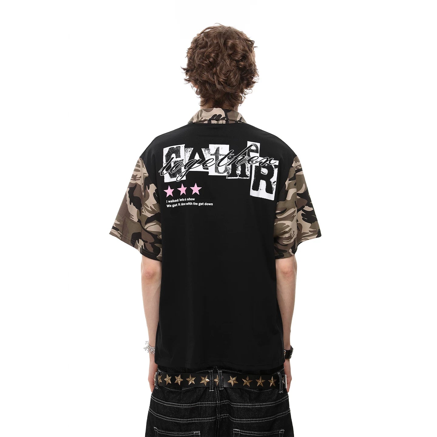 Vintage American style trendy camouflage patchwork short sleeved T-shirt for men, summer loose casual couple polo shirt top