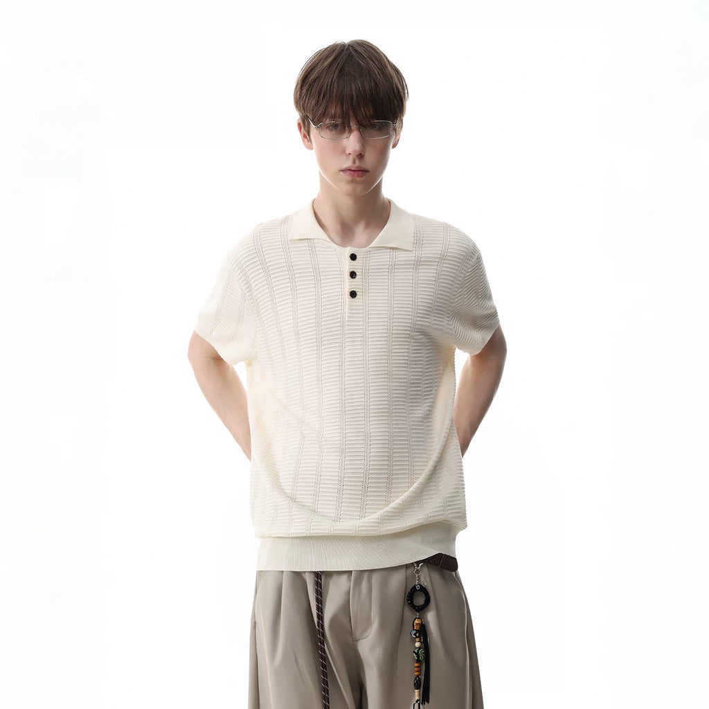 TREND ST old money style pit stripe texture knitted short sleeved polo shirt for men's summer retro short wide lapel T-shirt