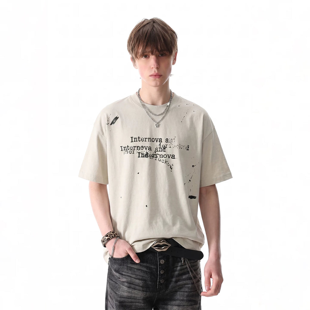 TREND ST Retro Washed Vintage T-shirt for Boys Summer Street Hip Hop Graffiti Printed Loose Short Sleeves