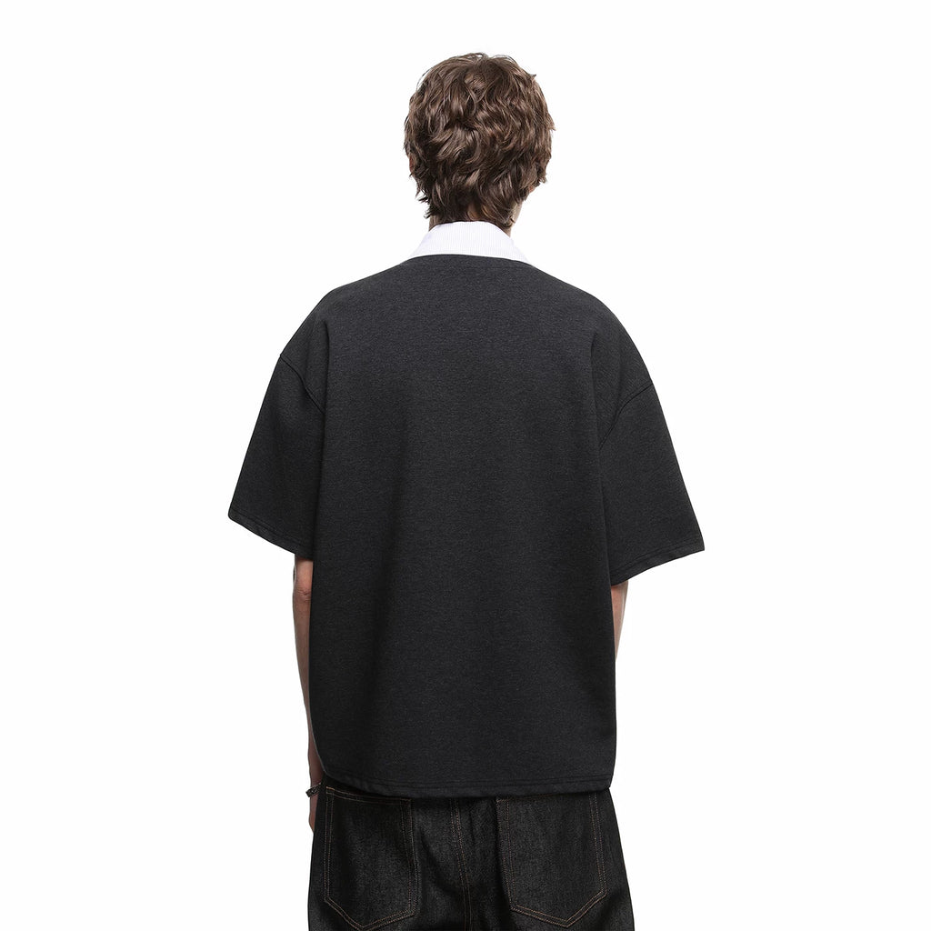Trendy block cleanfit fake two piece shirt collar short sleeved T-shirt men's summer loose college style polo shirt top