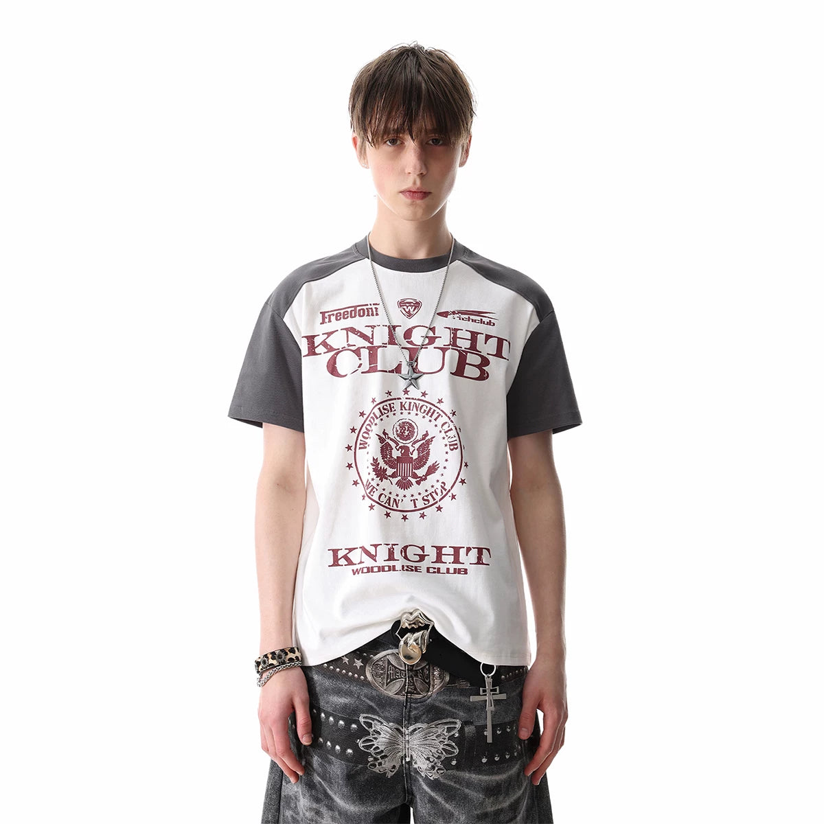 TREND ST subculture visual style contrasting T-shirt with men's and women's letter print shoulder short sleeved boxy cut top