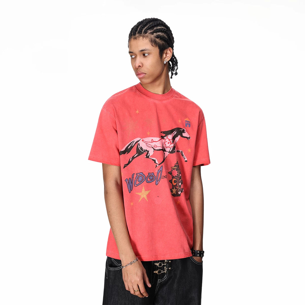 Vintage washed vintage printed short sleeved T-shirt with the theme of 'galloping horse', suitable for both men and women in summer, loose and casual couple's T-shirt