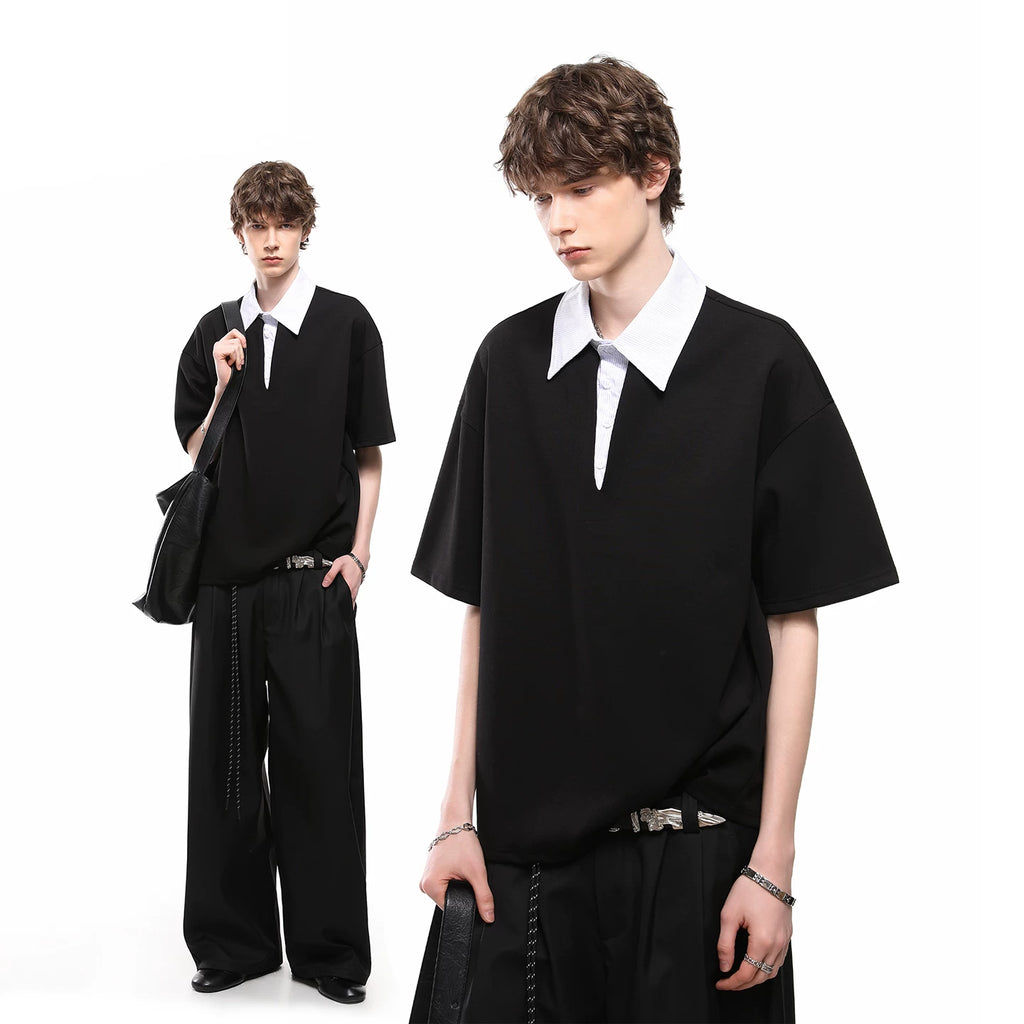 American style fake two-piece spliced polo shirt short sleeved men's and women's summer loose design T-shirt versatile couple outfit half sleeved