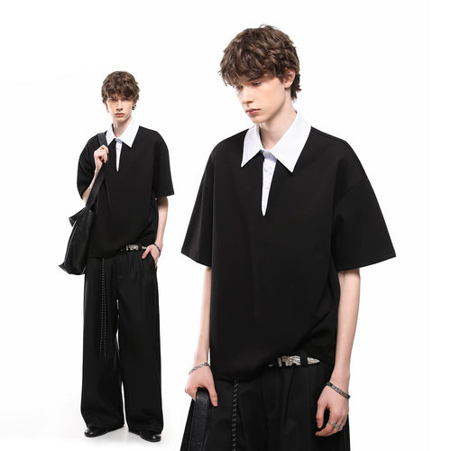 American style fake two-piece spliced polo shirt short sleeved men's and women's summer loose design T-shirt versatile couple outfit half sleeved
