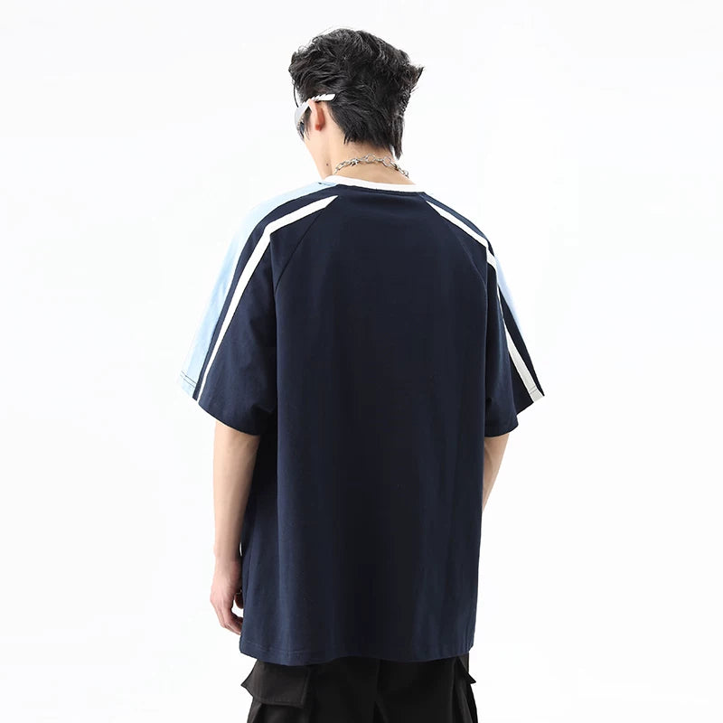 China-Chic hip-hop 260g heavy weight short sleeved t-shirt men's summer color contrast stitching deconstruction loose cotton lovers half sleeve tee
