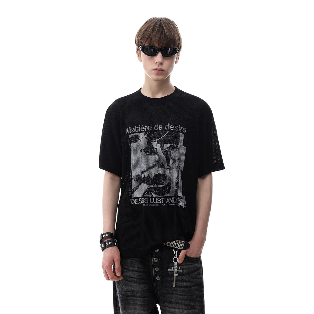 American retro texture figure print short sleeved T-shirt for men's summer round neck breathable semi transparent knitted top trendy