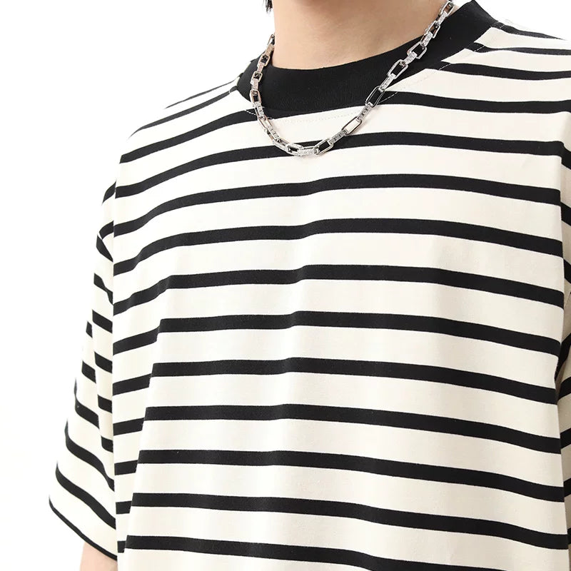 Japanese retro cityboy loose striped short sleeved t-shirt men's summer ins trendy brand small collar couple half sleeved tee