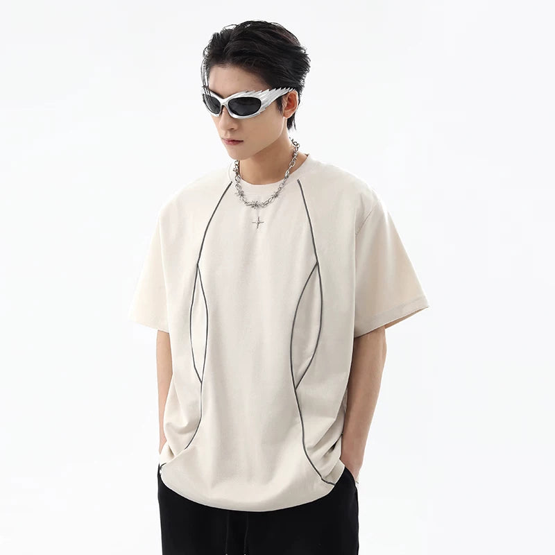 High street niche design suede short sleeved t-shirt men's summer American deconstructive reflective strip loose couple T-shirt