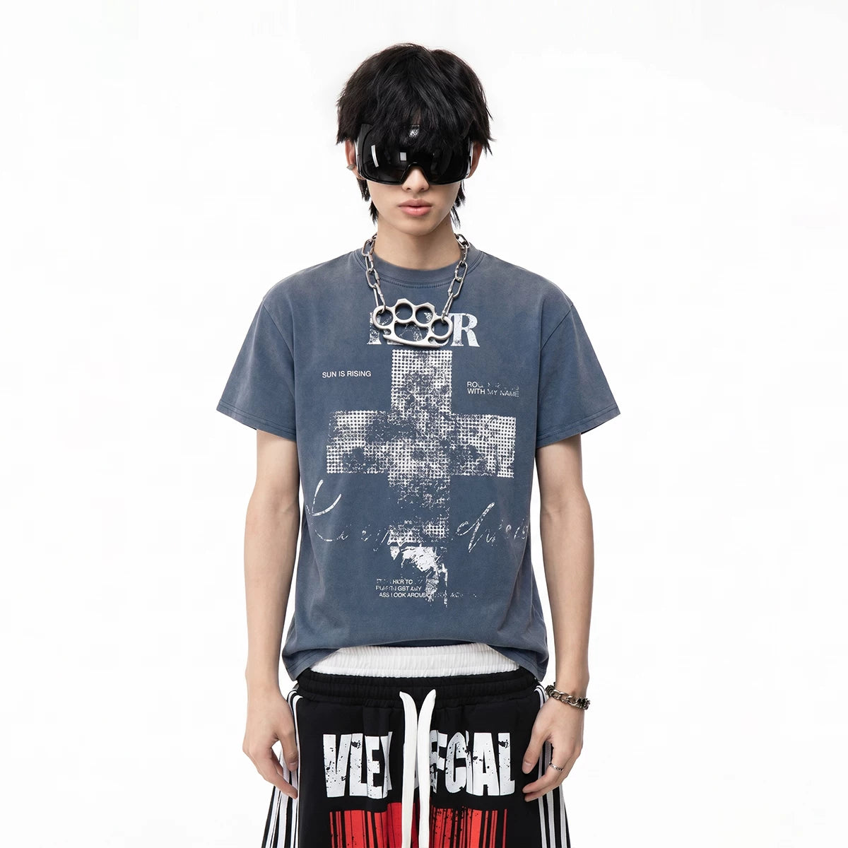 TREND ST Street Light Asia Cross Washed Vintage Printed Short sleeved Men's Summer Boxy Short Shoulder T-shirt