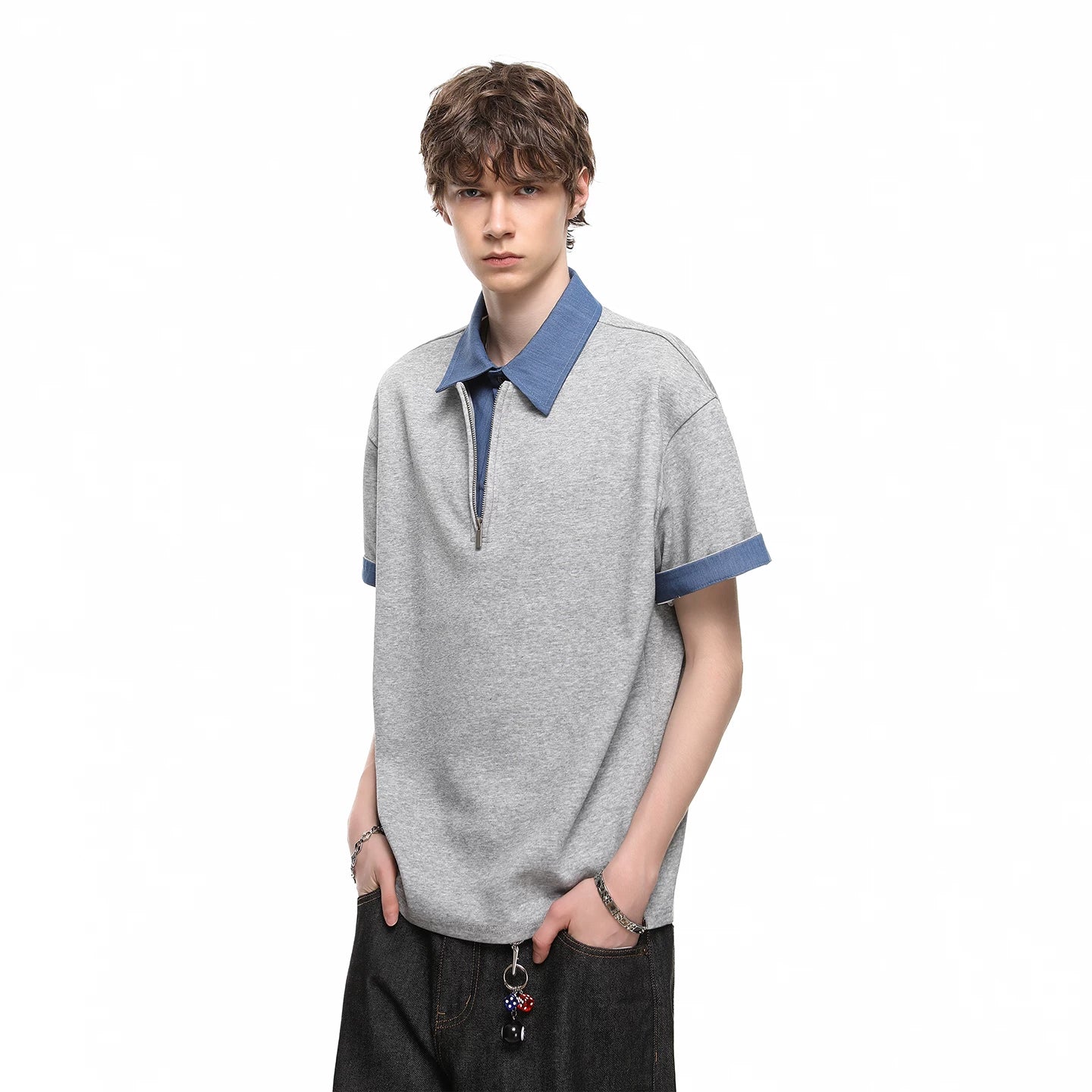 Fake two contrasting color lapel miu department college style short sleeved T-shirt for men and couples, Korean version trendy shirt collar T-shirt