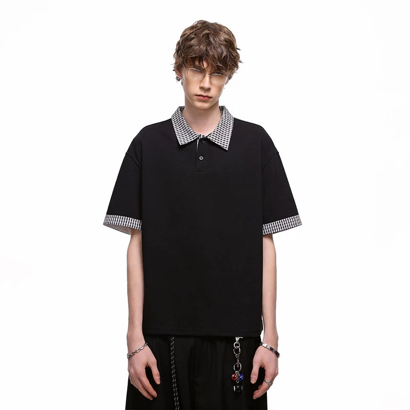 American retro fake two piece polo shirt short sleeved men's summer plaid lapel couple T-shirt cleanfit half sleeve