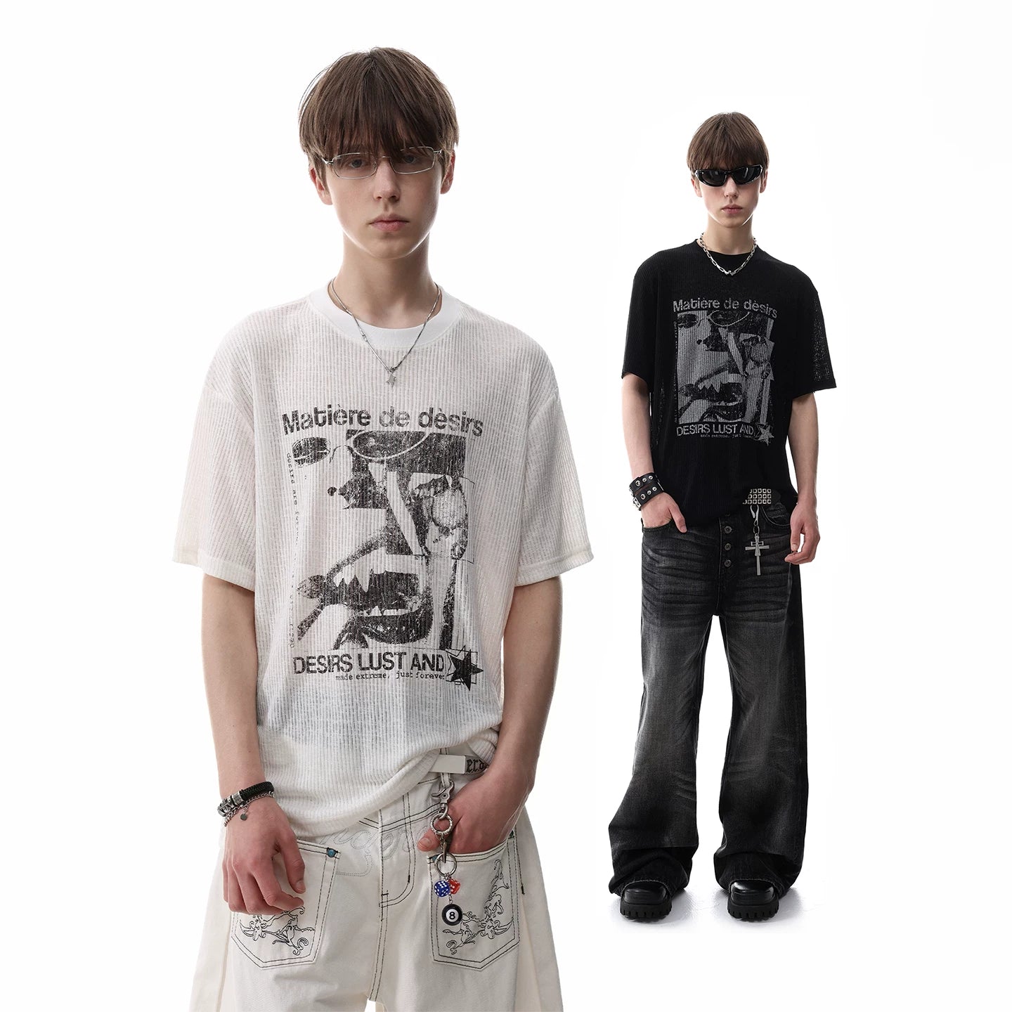 American retro texture figure print short sleeved T-shirt for men's summer round neck breathable semi transparent knitted top trendy
