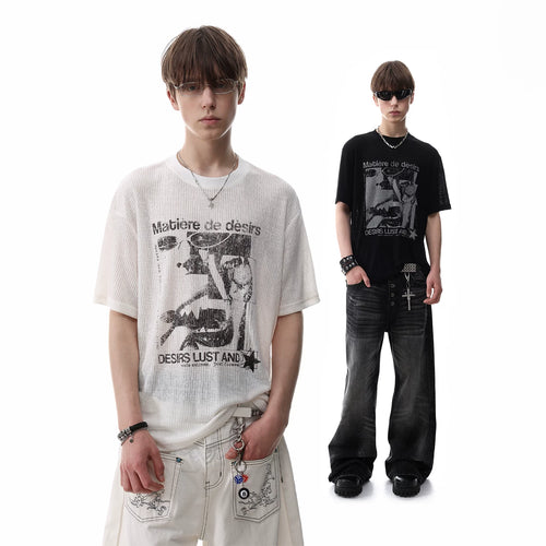 American retro texture figure print short sleeved T-shirt for men's summer round neck breathable semi transparent knitted top trendy